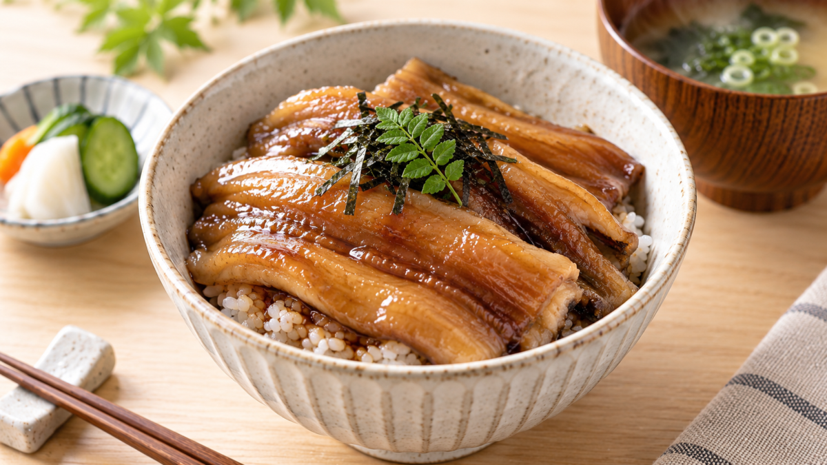 ふっくら煮たアナゴをご飯にのせた穴子丼の料理写真