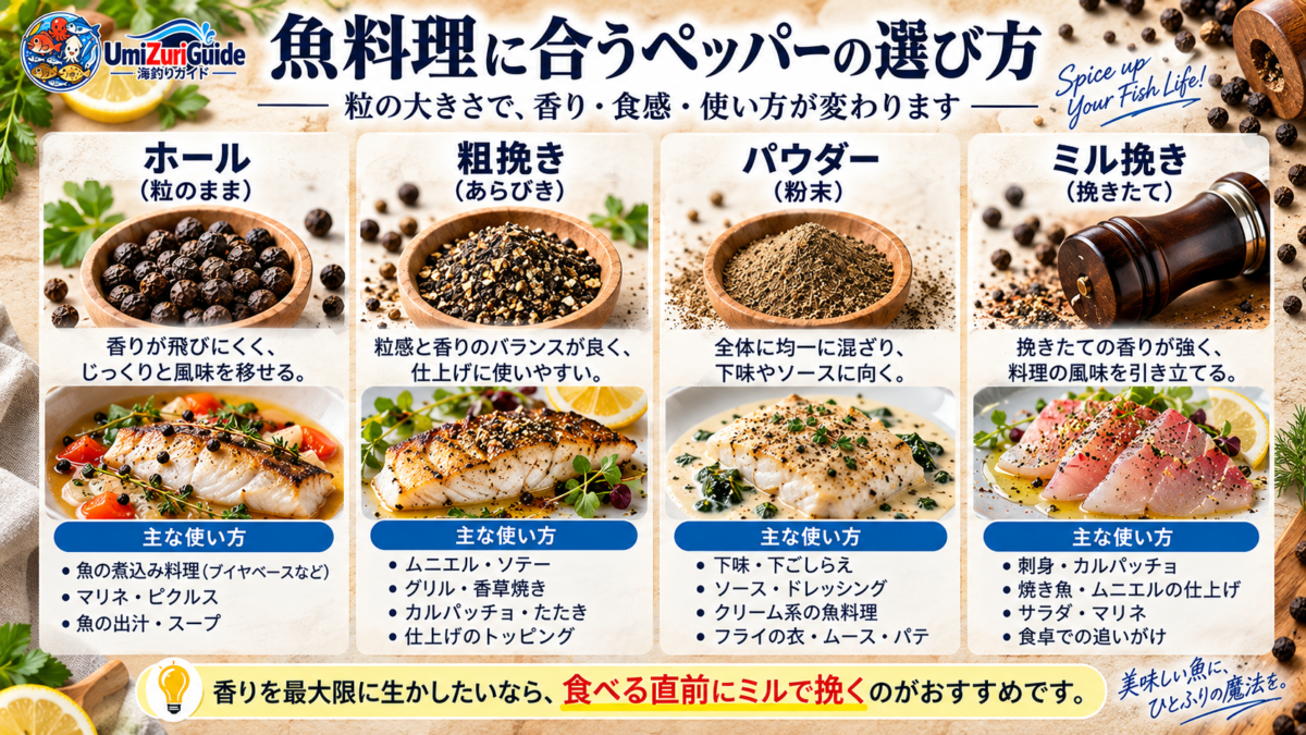 ホール・粗挽き・パウダー・ミル挽きの違いと魚料理での使い分けを比較した図解