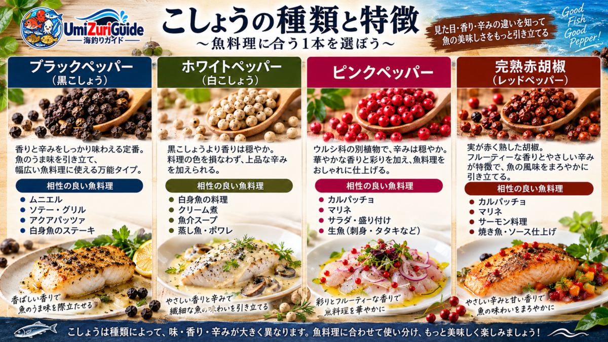 ブラックペッパー・ホワイトペッパー・完熟赤胡椒・ピンクペッパーの違いを魚料理向けに比較した図解