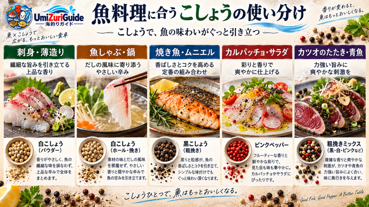 刺身・魚しゃぶ・焼き魚・カルパッチョ・カツオのたたきなど魚料理別に合うこしょうを紹介する早見図