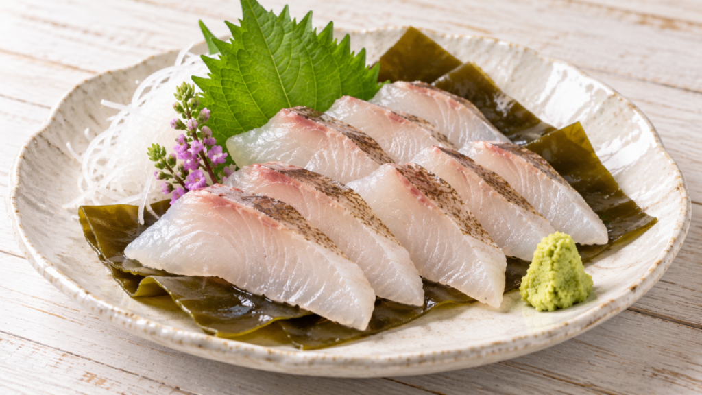 昆布の上に薄切りのメバルの白身を並べ、大葉、わさび、薬味を添えた昆布締めの料理写真