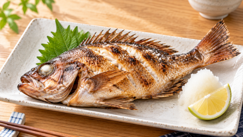 丸ごと香ばしく焼いたメバルの塩焼きを大葉、大根おろし、柑橘と盛り付けた料理写真