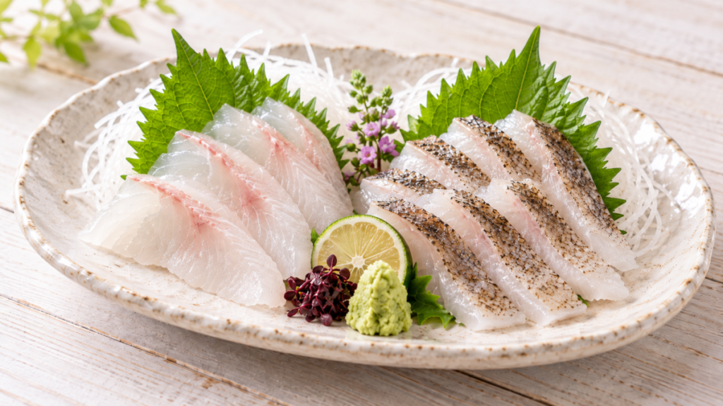 メバルの刺身と皮を残した皮霜造りを大葉、大根のつま、わさび、すだちと盛り付けた料理写真