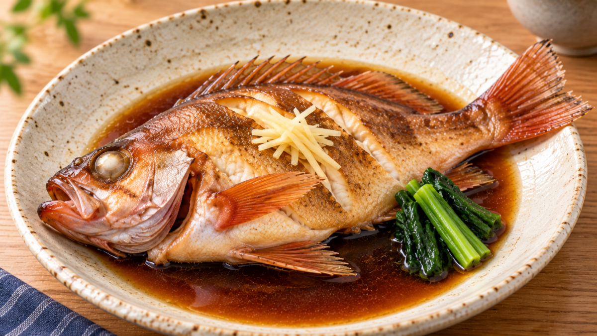 丸ごとのメバルを甘辛い煮汁で煮付け、青菜と針しょうがを添えた料理写真