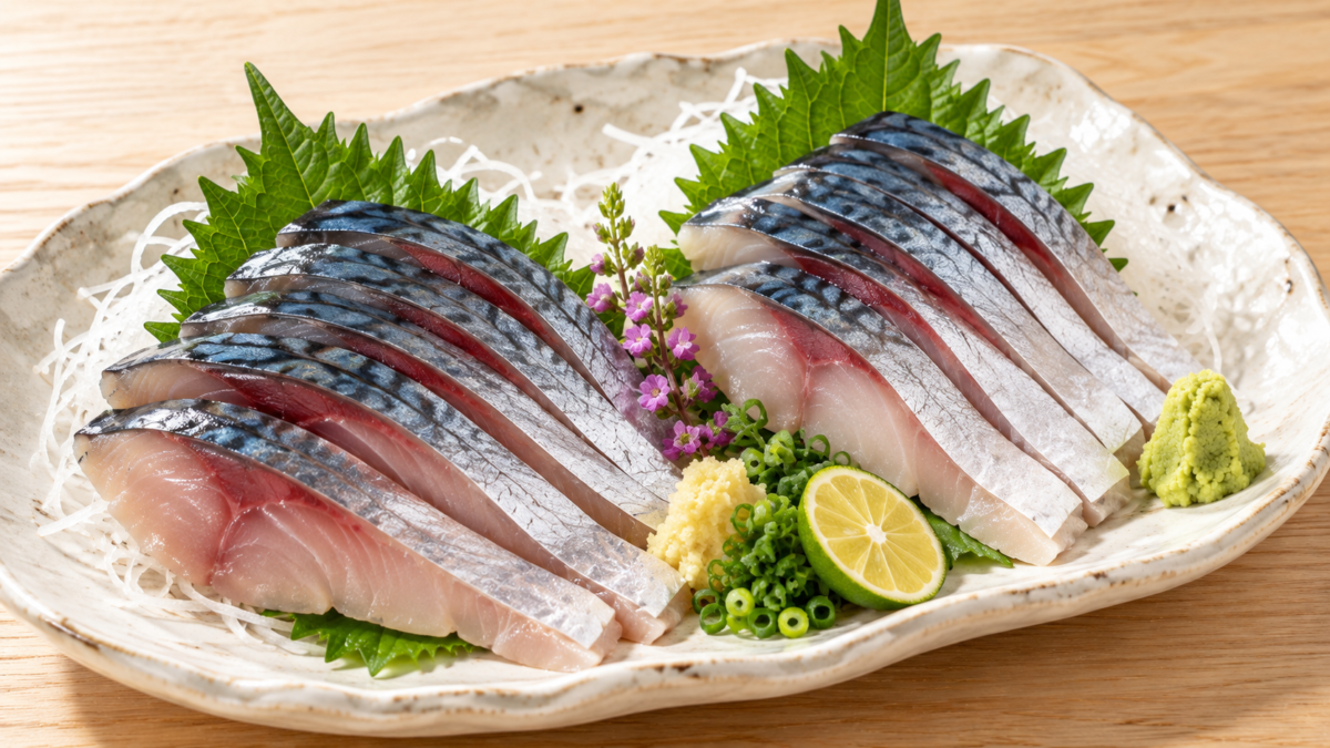 皮付きのサバの刺身を大葉と大根のつま、わさび、薬味と盛り付けた料理写真