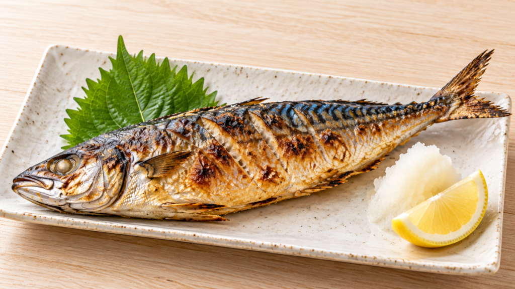 丸ごと香ばしく焼いたサバの塩焼きを大葉、大根おろし、レモンと盛り付けた料理写真