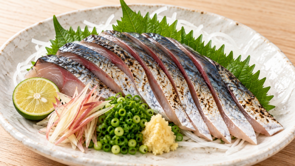 皮目を炙ったサバの切り身を大葉、みょうが、青ねぎ、しょうが、すだちと盛り付けた塩タタキの料理写真