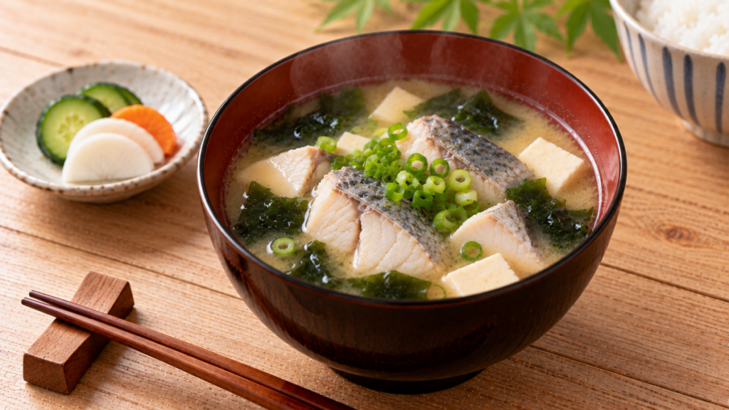 サワラの身やあら、豆腐、わかめ、青ねぎを入れた味噌汁の料理写真