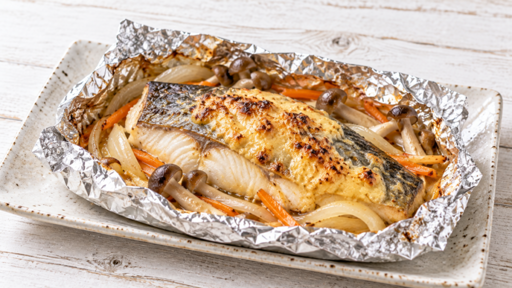 サワラの切り身を玉ねぎ、にんじん、きのこと一緒にホイルで包み、味噌マヨネーズだれをのせて焼いた料理写真