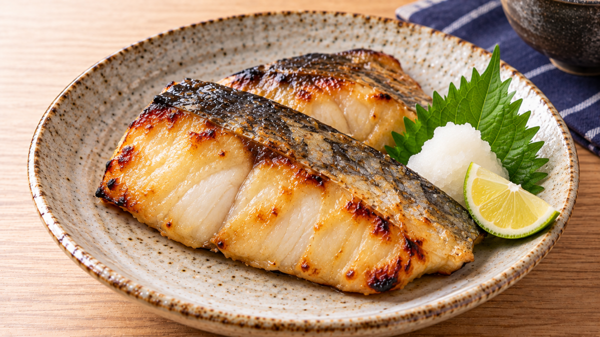 西京味噌に漬けて香ばしく焼いたサワラの切り身を大根おろしとすだちで盛り付けた料理写真