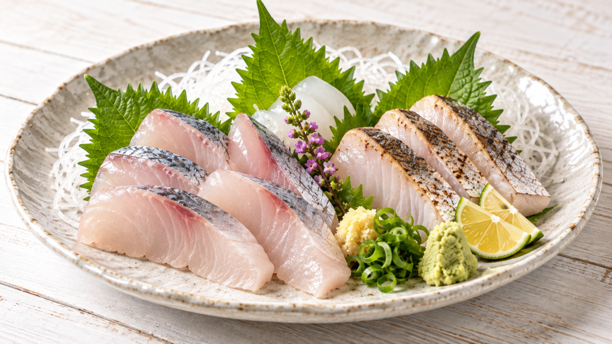 サワラの刺身と皮目を炙った切り身を大葉、大根のつま、しょうが、わさび、すだちと盛り付けた料理写真