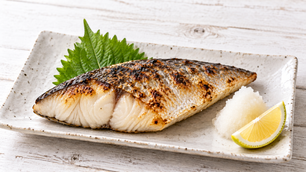皮付きのサワラの切り身を香ばしく塩焼きにし、大葉、大根おろし、レモンを添えた料理写真