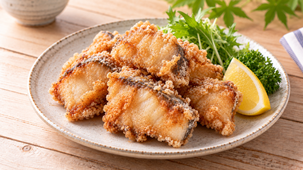 一口大のサワラに片栗粉の衣を付けてカリッと揚げ、葉物野菜やレモンと盛り付けた竜田揚げの料理写真