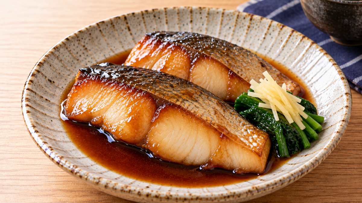 皮付きのサワラの切り身を甘辛いたれで照り焼きにし、青菜と針しょうがを添えた料理写真