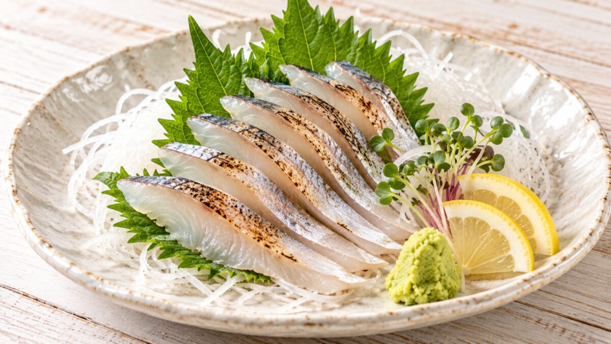 皮目を軽く炙ったサヨリの刺身を大葉、大根のつま、わさび、レモンと盛り付けた料理写真