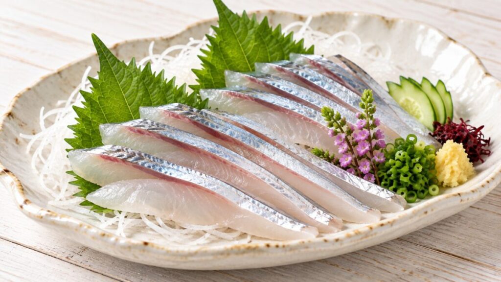 銀色の皮目を残したサヨリの刺身を大葉、大根のつま、薬味と盛り付けた料理写真