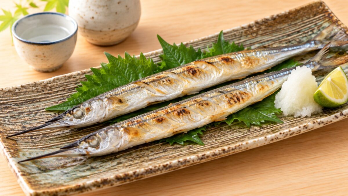 細身のサヨリを丸ごと香ばしく焼き、大葉、大根おろし、すだちを添えた塩焼きの料理写真