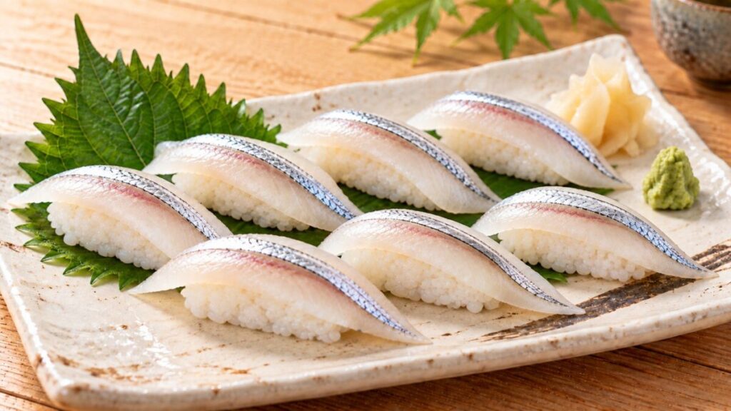 銀色の皮目を残したサヨリの白身を酢飯にのせて握り、大葉、わさび、甘酢しょうがを添えた握り寿司の料理写真