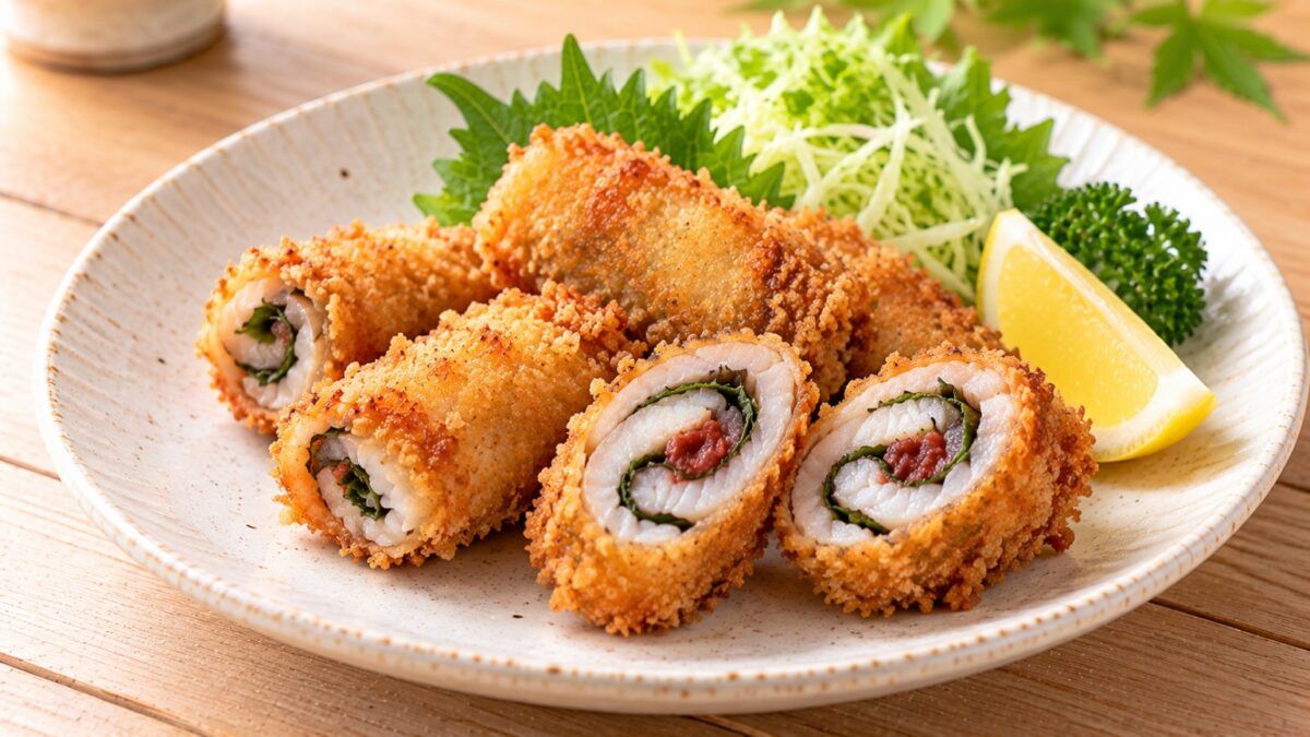 サヨリで大葉と梅肉を巻いてパン粉衣で揚げ、断面が見えるように盛り付けた料理写真