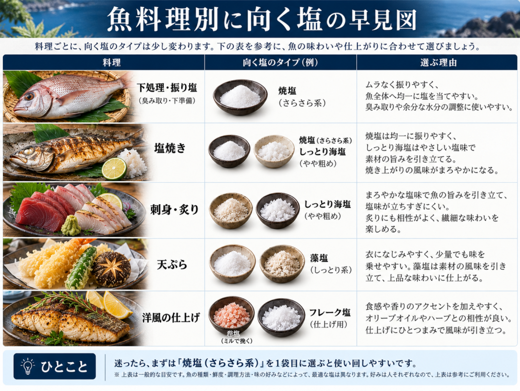 魚料理別に向く塩のタイプを、下処理・塩焼き・刺身・炙り・天ぷら・洋風料理で比較した早見図
