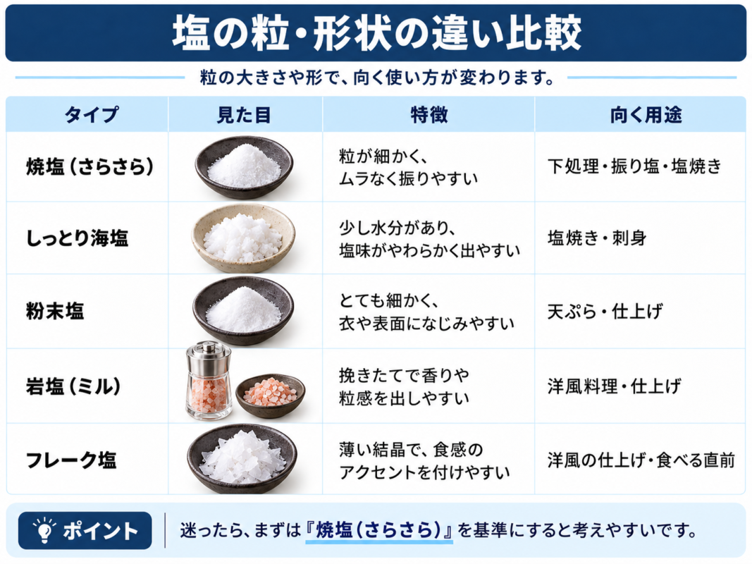 焼塩・しっとり海塩・粉末塩・岩塩・フレーク塩の粒と形状、向く用途を比較した図