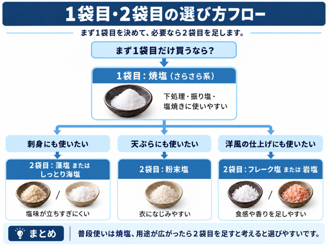 魚料理用の塩を1袋目と2袋目に分けて選ぶフロー図