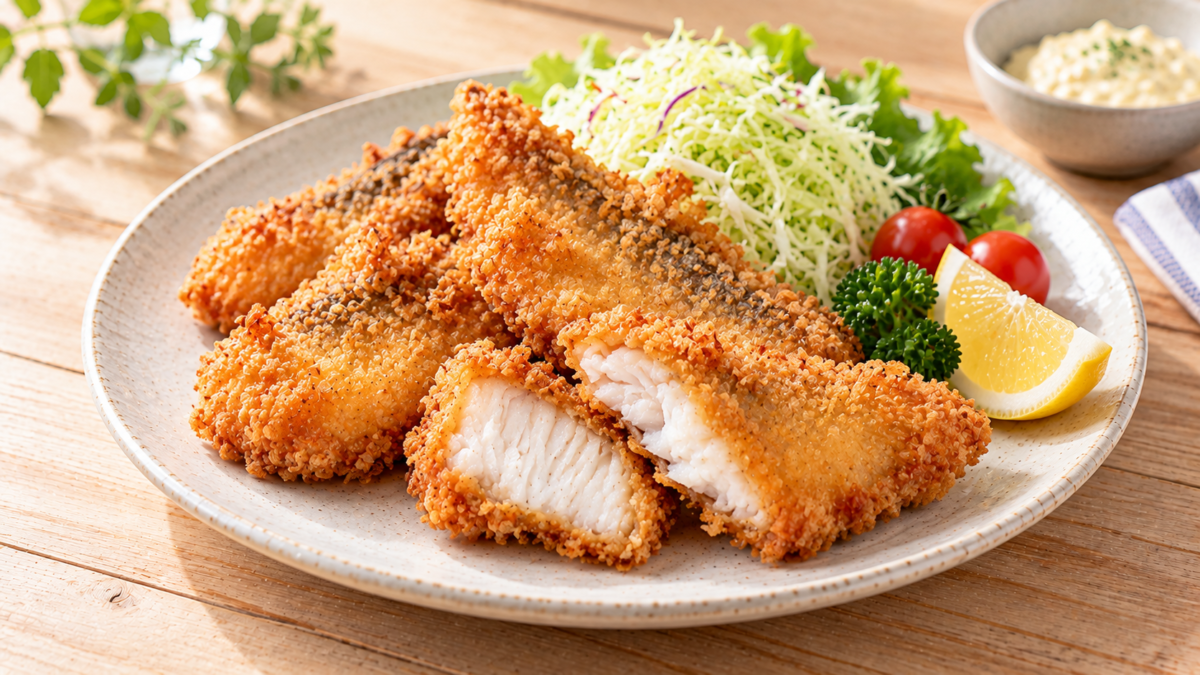 スズキの白身にパン粉を付けて揚げ、千切りキャベツ、ミニトマト、レモンと盛り付けたフライの料理写真
