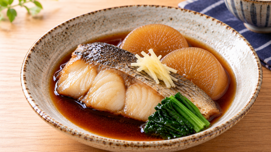 皮付きのスズキの切り身を大根、青菜、針しょうがと甘辛く煮付けた料理写真