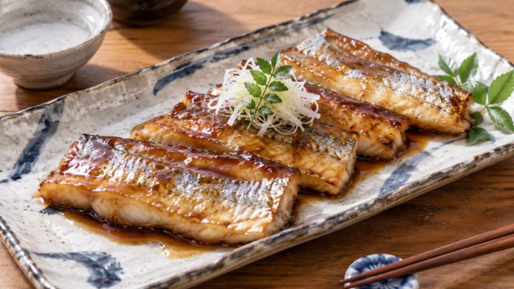 タチウオの切り身を甘辛いタレで香ばしく焼き、白髪ねぎを添えた蒲焼きの料理写真