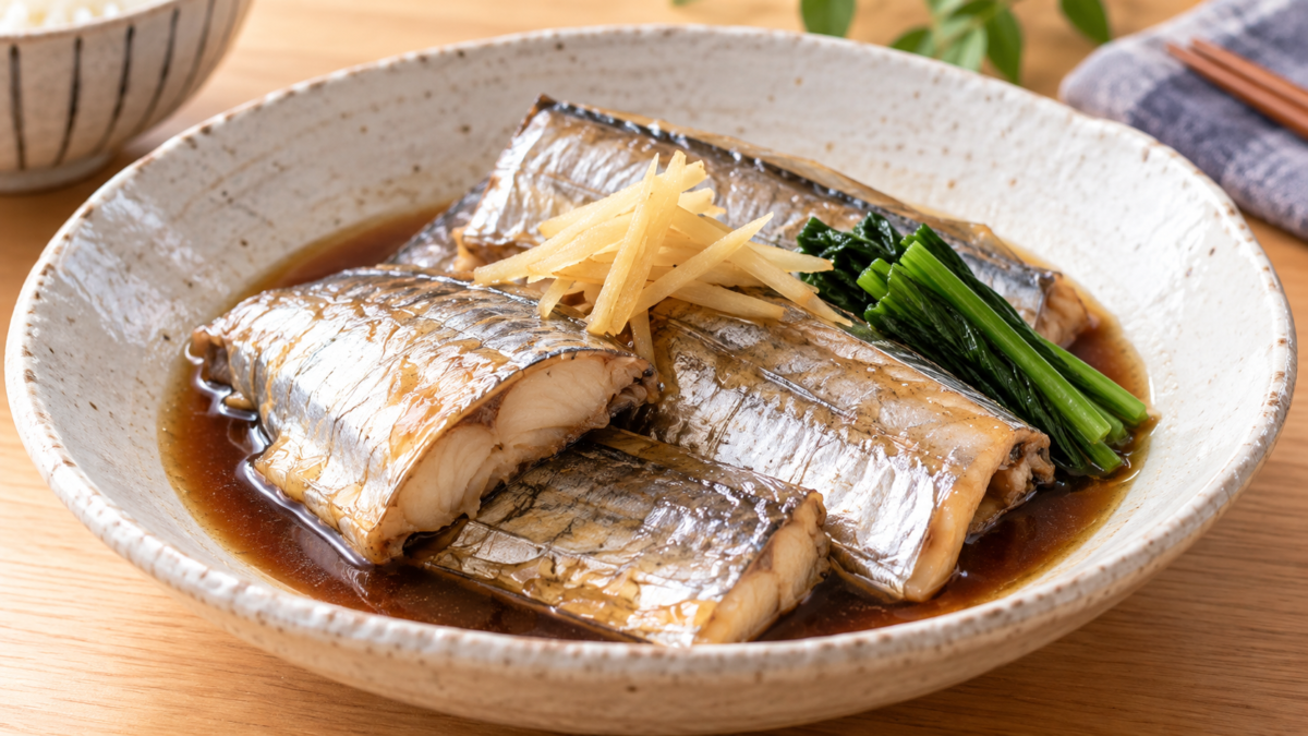 タチウオの筒切りを甘辛い煮汁で煮付け、青菜と針しょうがを添えた料理写真