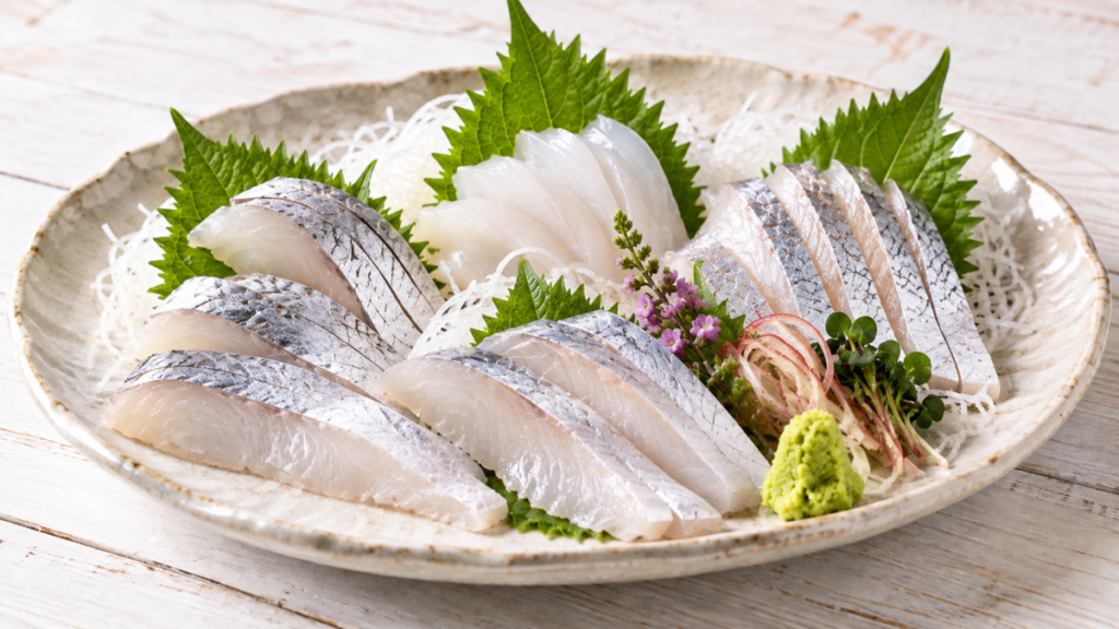 銀皮を残したタチウオの刺身を大葉、大根のつま、しょうが、わさびと盛り付けた料理写真