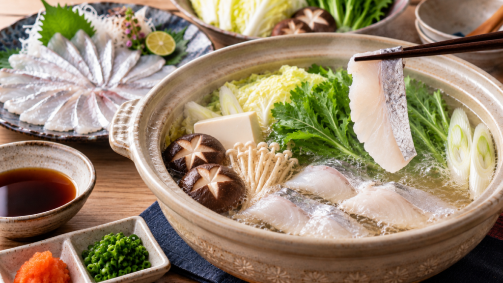 銀皮を残したタチウオの薄切りと白菜、水菜、きのこ、長ねぎを土鍋の昆布だしで味わうしゃぶしゃぶの料理写真
