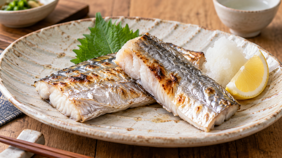 タチウオの切り身を香ばしく塩焼きにし、大葉、大根おろし、レモンを添えた料理写真