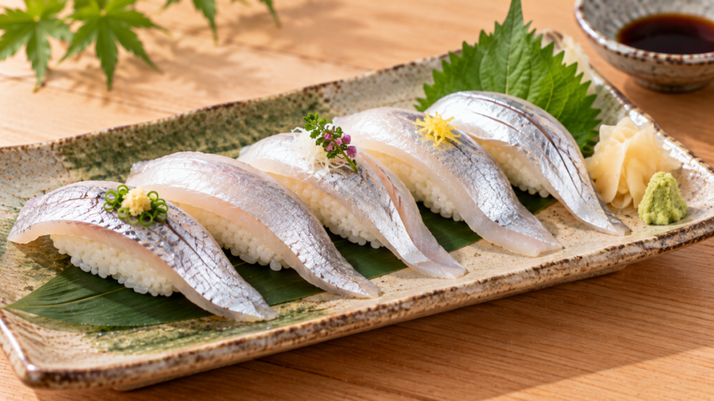 銀皮を残したタチウオの白身を酢飯にのせた握り寿司を大葉、わさび、甘酢しょうがと盛り付けた料理写真