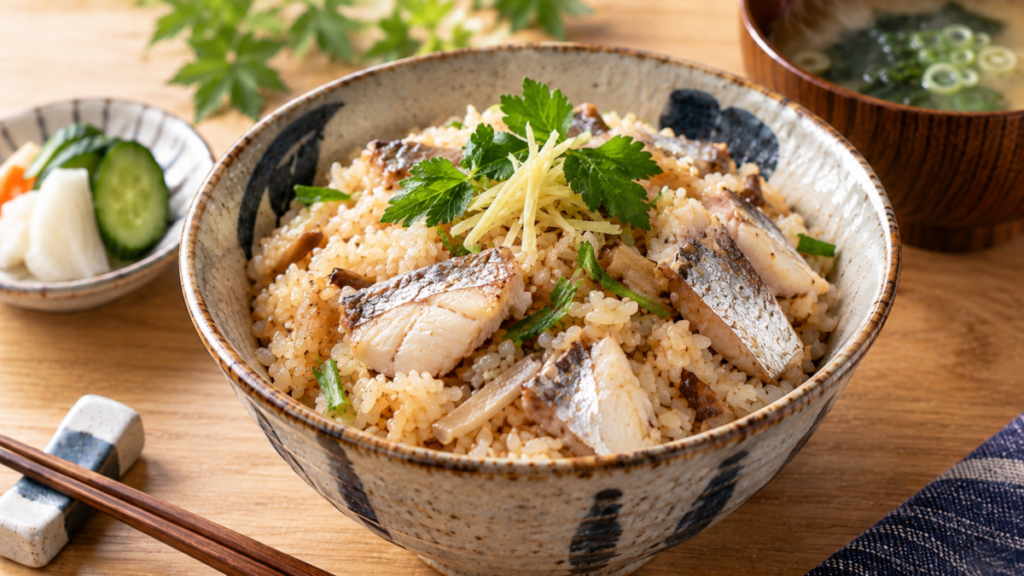 タチウオの身としょうがを炊き込んだご飯を茶碗に盛り、三つ葉を添えた料理写真