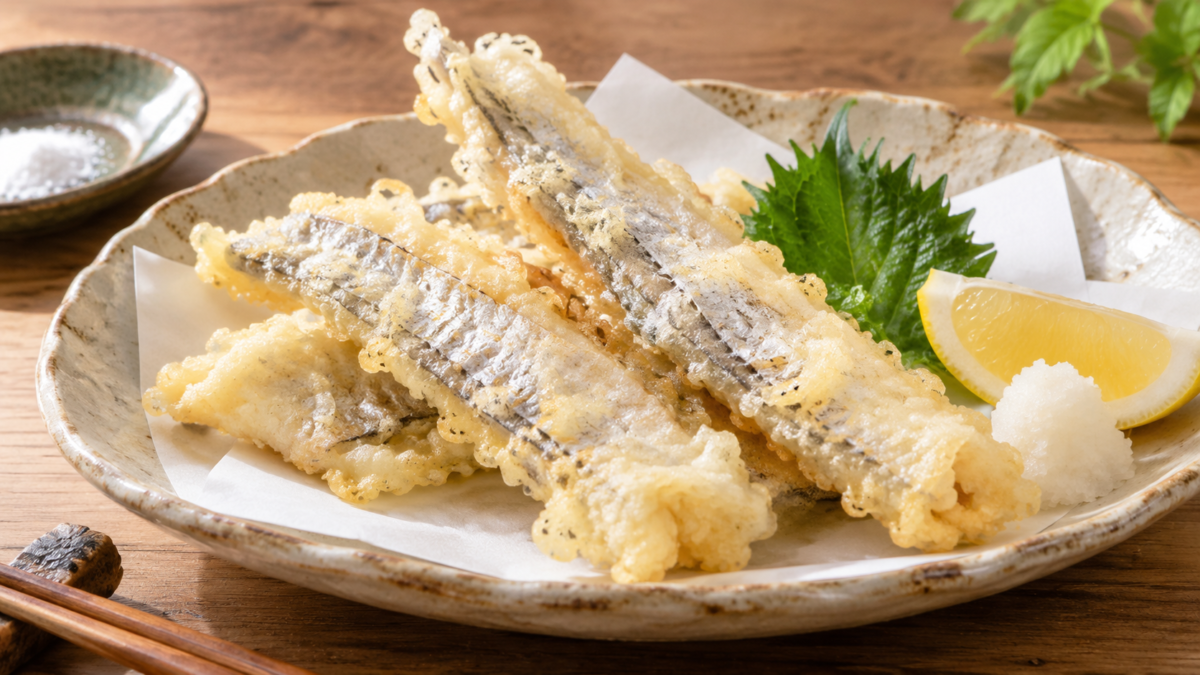 タチウオの切り身を薄い衣で揚げ、大葉の天ぷら、レモン、大根おろしと盛り付けた料理写真