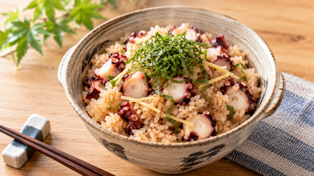 タコのぶつ切りとしょうが、大葉を炊き込んだタコ飯を茶碗に盛り付けた料理写真