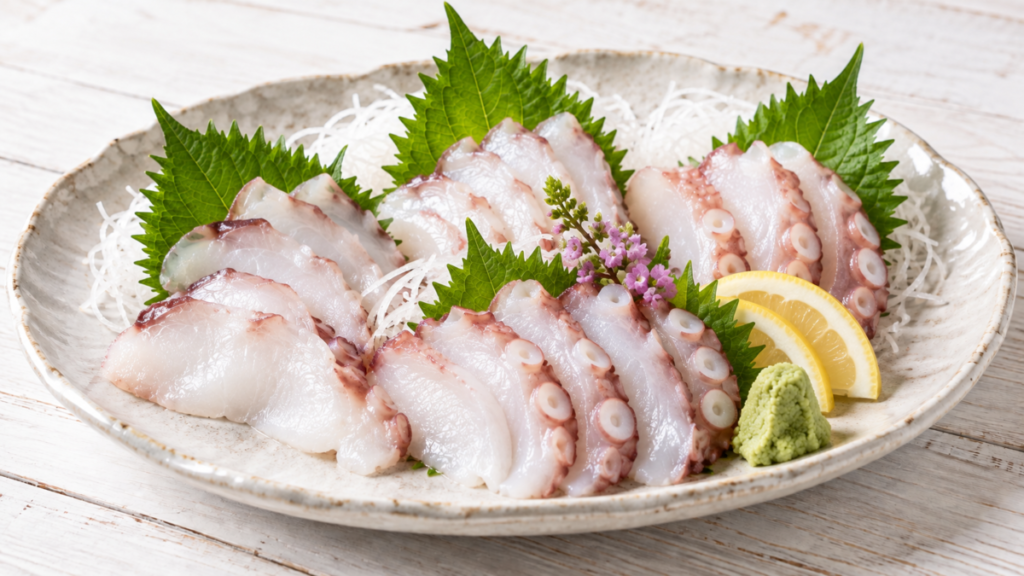薄切りのタコの刺身を大葉、大根のつま、レモン、わさびと盛り付けた料理写真