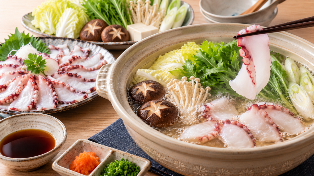 薄切りのタコと白菜、水菜、きのこ、長ねぎを土鍋のだしで味わうしゃぶしゃぶの料理写真