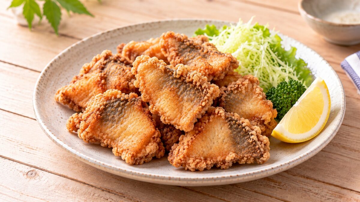 一口大に揚げたウミタナゴの唐揚げをキャベツやレモンと盛り付けた料理写真
