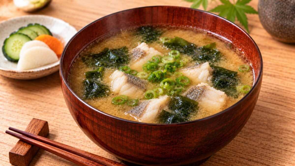 ウミタナゴの身とわかめ、青ねぎを入れた味噌汁の料理写真
