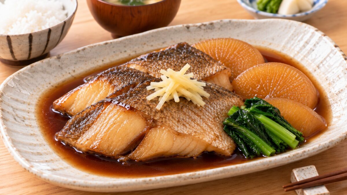ウミタナゴの切り身を大根や青菜と一緒に甘辛く煮付けた料理写真