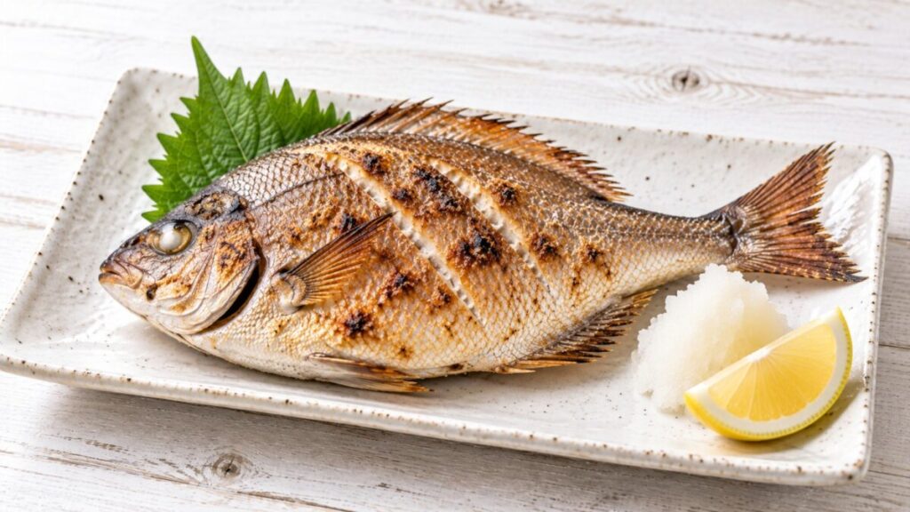 丸ごと焼いたウミタナゴの塩焼きを大葉、大根おろし、レモンと盛り付けた料理写真